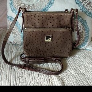 Dooney & Bourke Taupe Ostrich Embossed Leather Letter Carrier Crossbody Purse